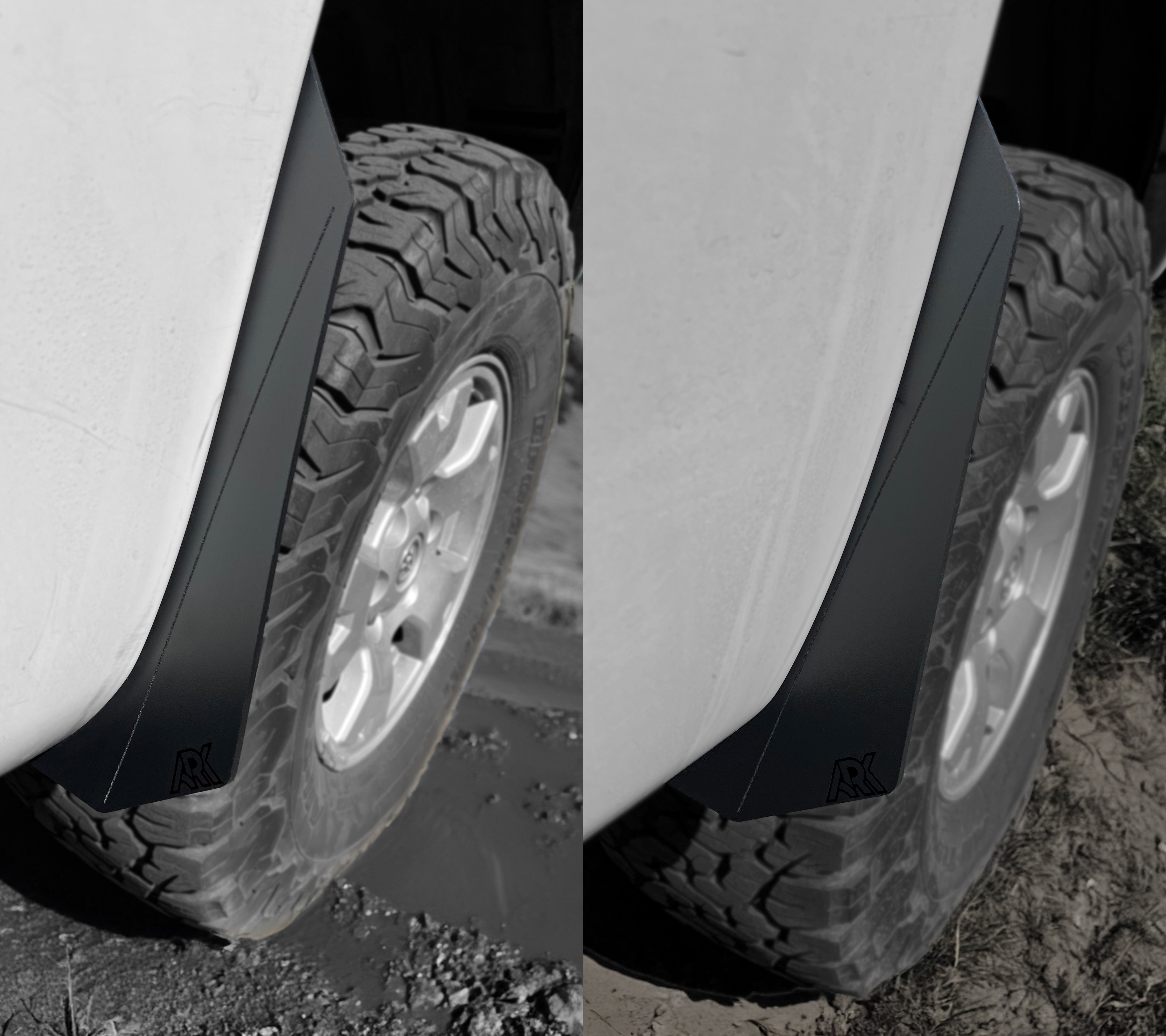 TriXpoly splash guards for 2005-2015 Toyota Tacoma, designed to protect against mud and debris. Durable and sleek design.