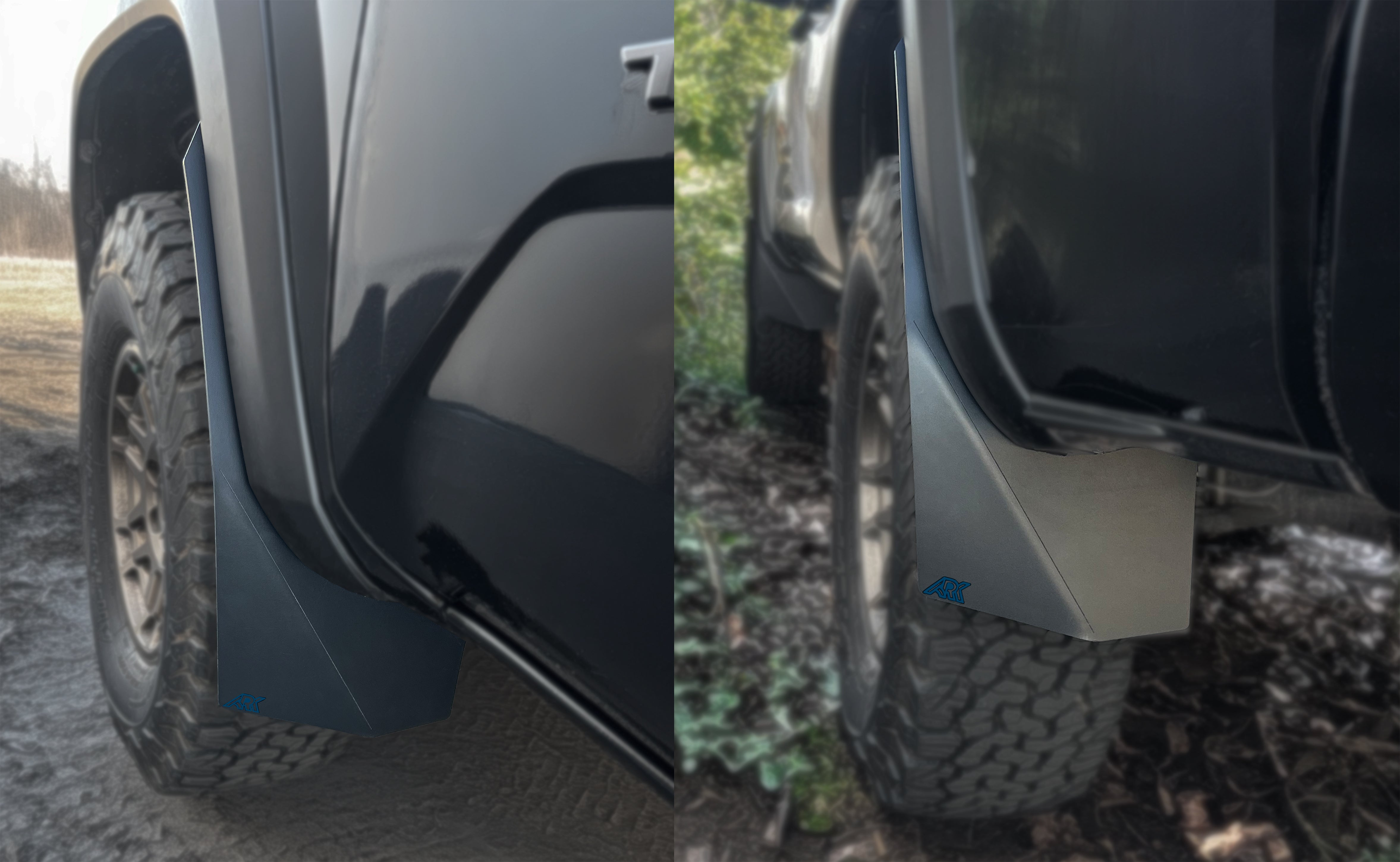 TriXpoly splash guards and mudflaps for 2016-2023 Toyota Tacoma, designed for protection and durability on offroad adventures.