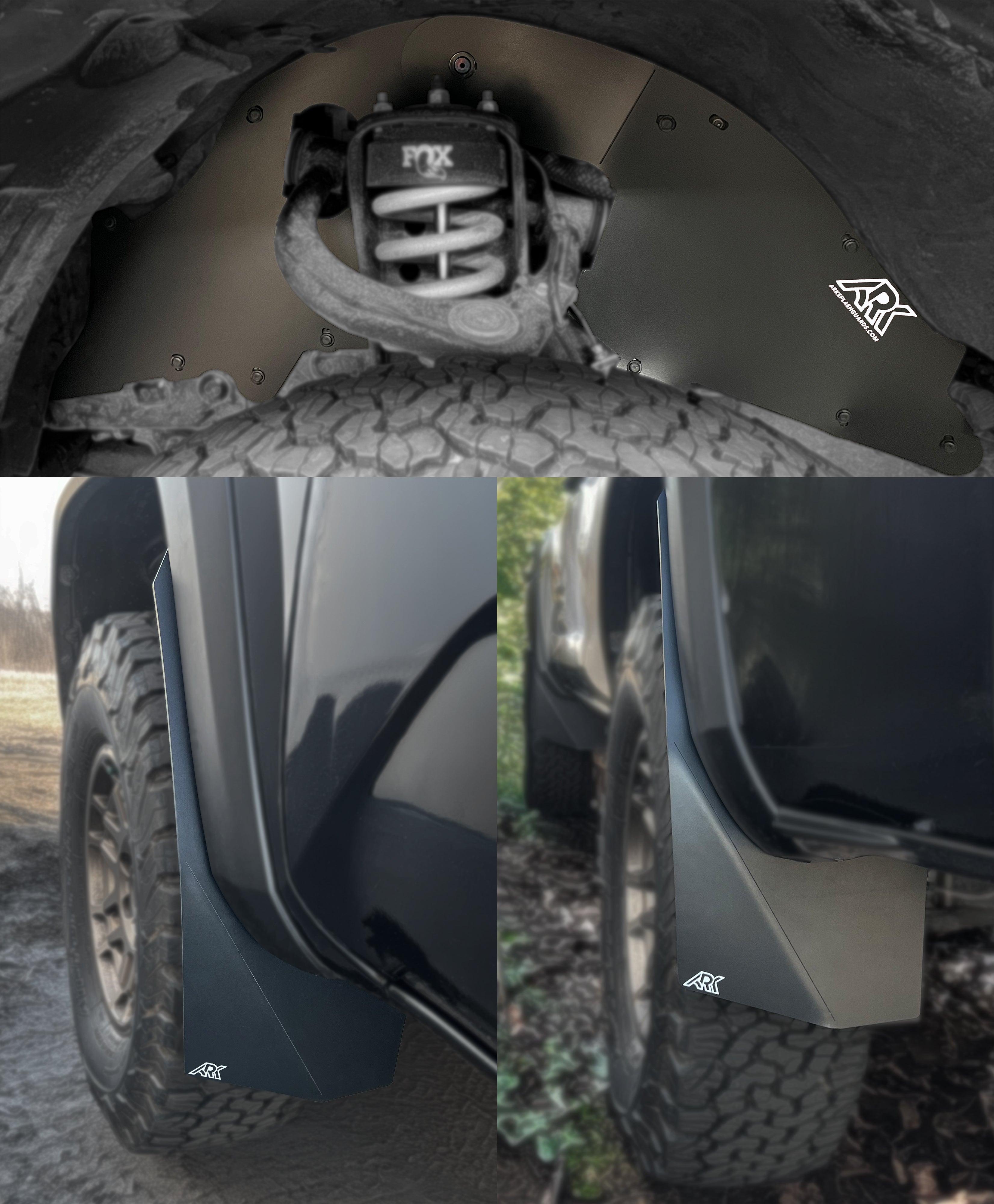 TriXpoly splash guards and mudflaps for 2016-2023 Toyota Tacoma, designed for durability and protection from mud and debris.
