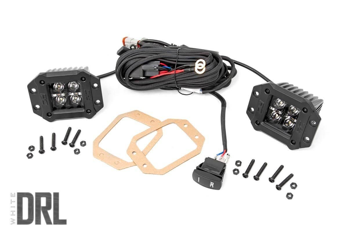 Open Box Sale! ROUGH COUNTRY 2-INCH SQUARE FLUSH MOUNT CREE LED LIGHTS - (PAIR | BLACK SERIES W/ COOL WHITE DRL)