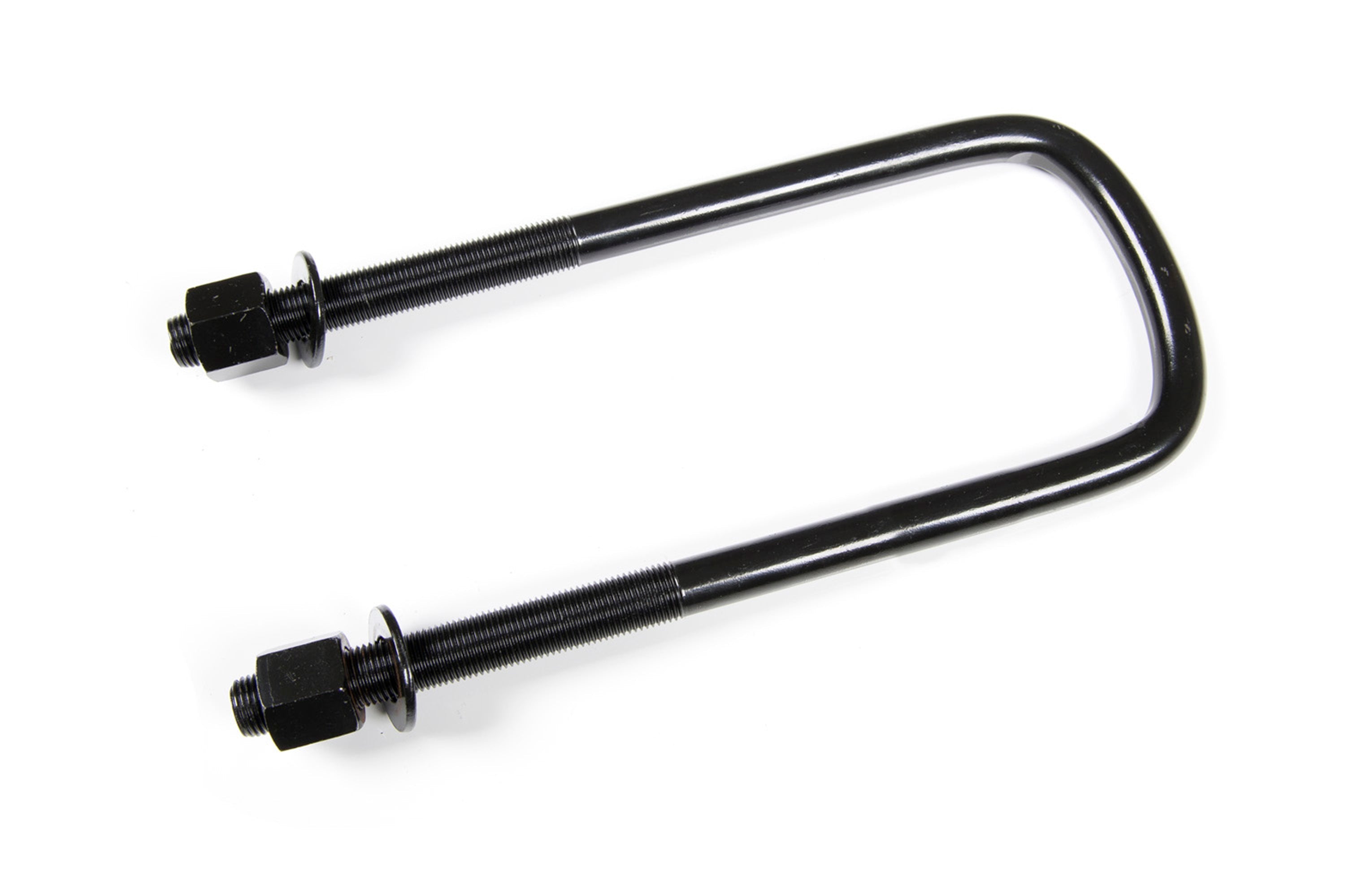 Automotive axle U-bolt with a radiused design, featuring threaded ends and hex nuts for secure installation.