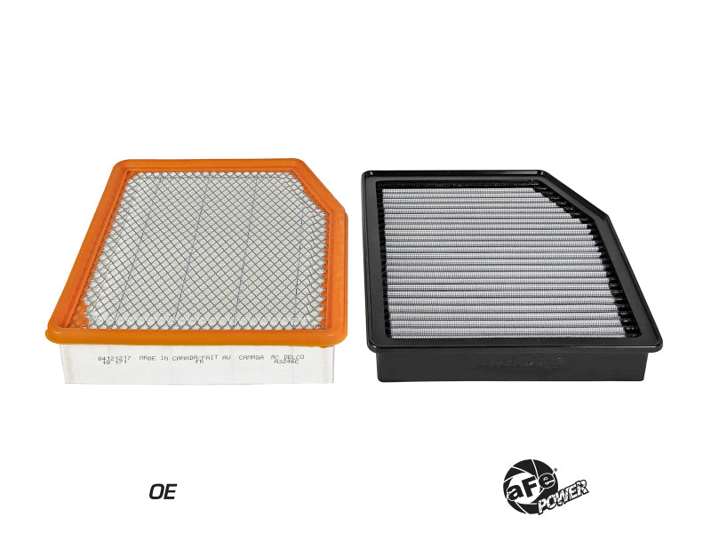 aFe MagnumFLOW Pro DRY S OE replacement filter for 2019 GM Silverado/Sierra 1500 V6 and V8 engines, showcasing design and materials.