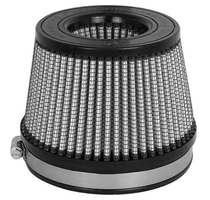 aFe MagnumFLOW Dry S Air Filter with a cylindrical design, featuring a black mesh exterior and a metal clamp for secure installation.