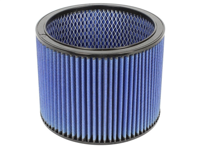 aFe MagnumFLOW Round Racing Air Filter featuring a blue pleated design, 9 inches outer diameter, and 7 inches inner diameter.