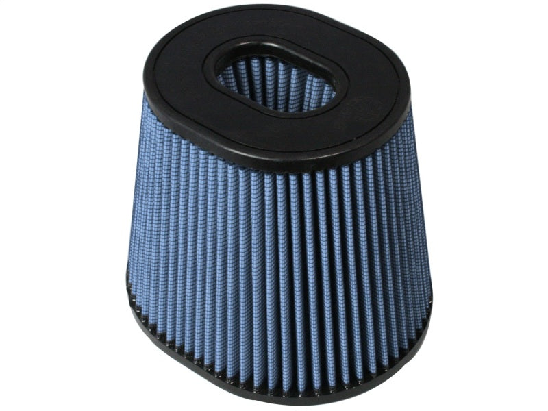 aFe MagnumFLOW Air Filter PRO 5R with a conical design, featuring blue pleated media and a rubber base for enhanced airflow.
