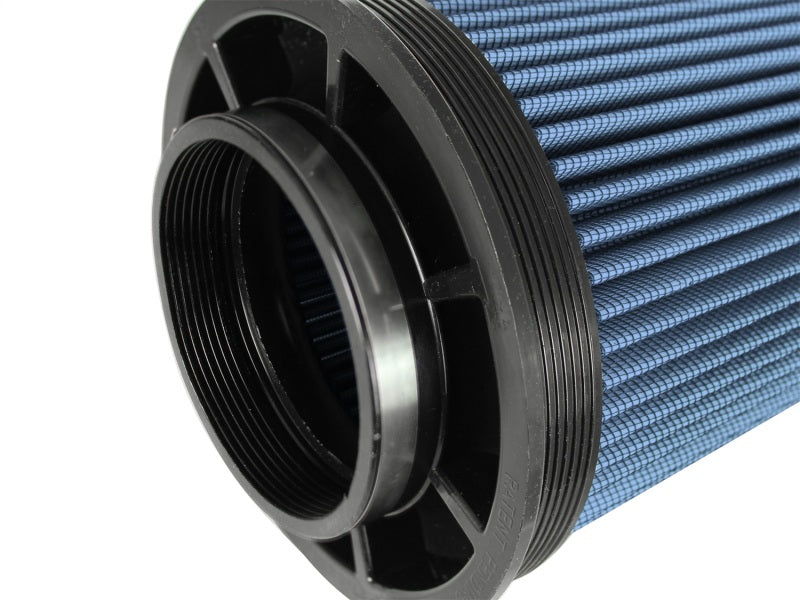 aFe MagnumFLOW Air Filter featuring a blue pleated design and durable black rubber base for enhanced airflow and performance.