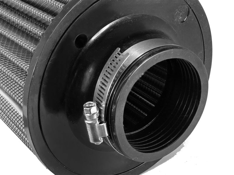 aFe MagnumFLOW Air Filter featuring a cylindrical design with a textured surface and a connection fitting for installation.