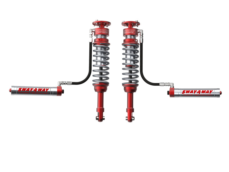 aFe Sway-A-Way front coilover kit for 2010-2014 F150/Raptor 6.2L, featuring remote reservoirs and compression adjusters.