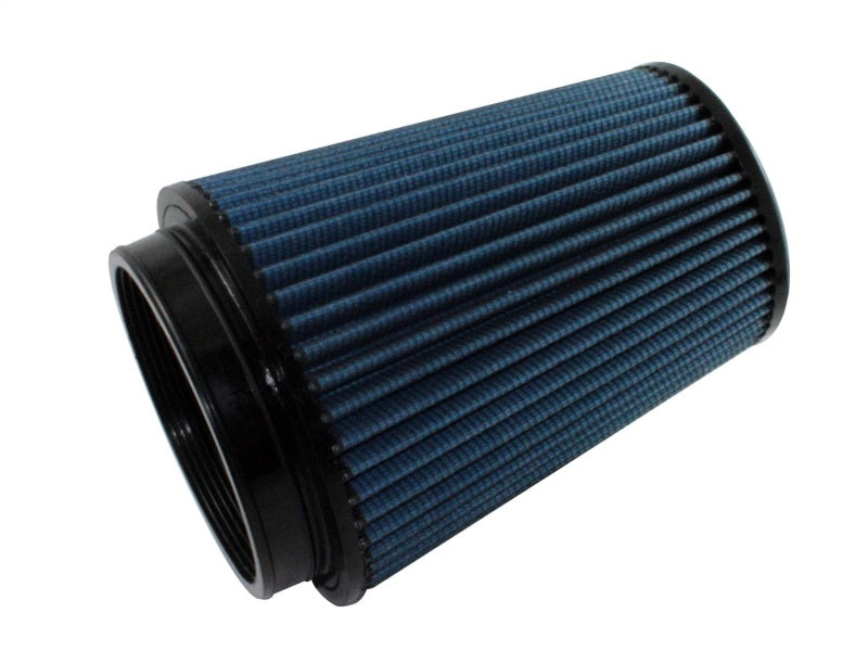 aFe MagnumFLOW Air Filter with a blue pleated design, measuring 5 inches in diameter and 8 inches in height, ideal for improved airflow.