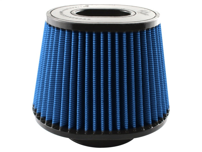 aFe MagnumFLOW Air Filter with a blue pleated design, optimized for improved airflow and engine performance.