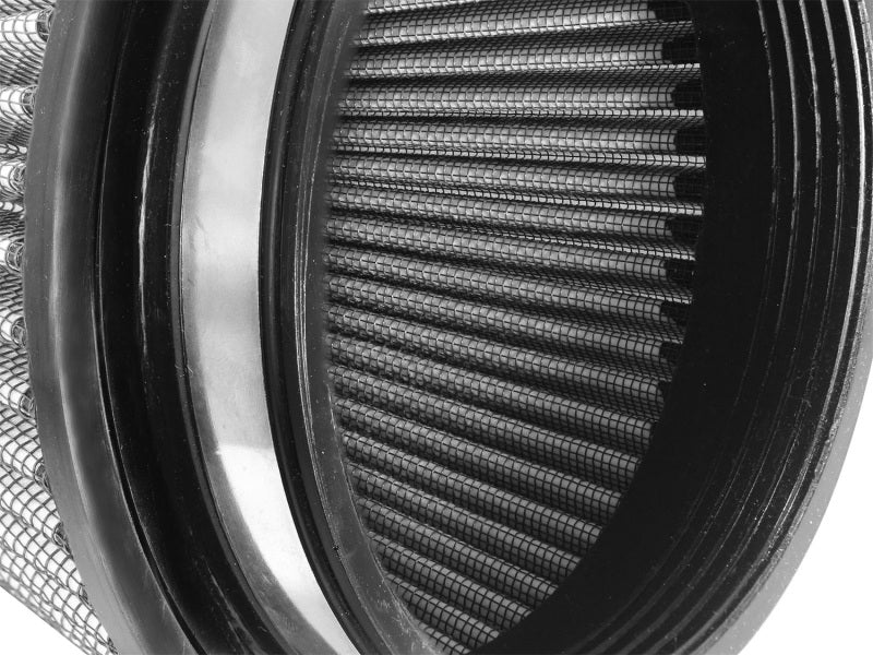Close-up of aFe MagnumFLOW air filter showcasing its pleated design and durable construction for enhanced airflow.