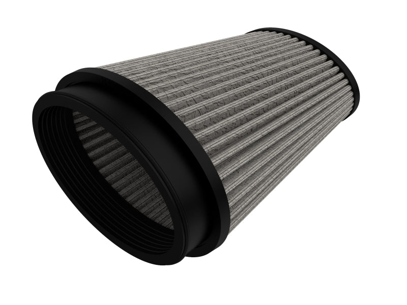 aFe MagnumFLOW air filter featuring a cylindrical design with pleated filtration material and rubber end caps for optimal airflow.