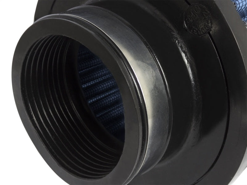 aFe MagnumFLOW Air Filter featuring a black rubber base and blue filter media, designed for enhanced airflow and performance.