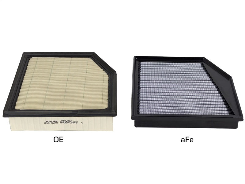 aFe MagnumFLOW PRO Dry S air filter comparison with OEM replacement for 2014-2015 Lexus IS 250/350 V6 engines.