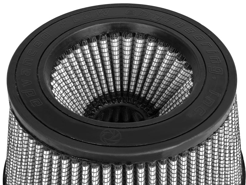 aFe MagnumFLOW Dry S Air Filter featuring a cylindrical design with a mesh exterior for enhanced airflow and filtration.