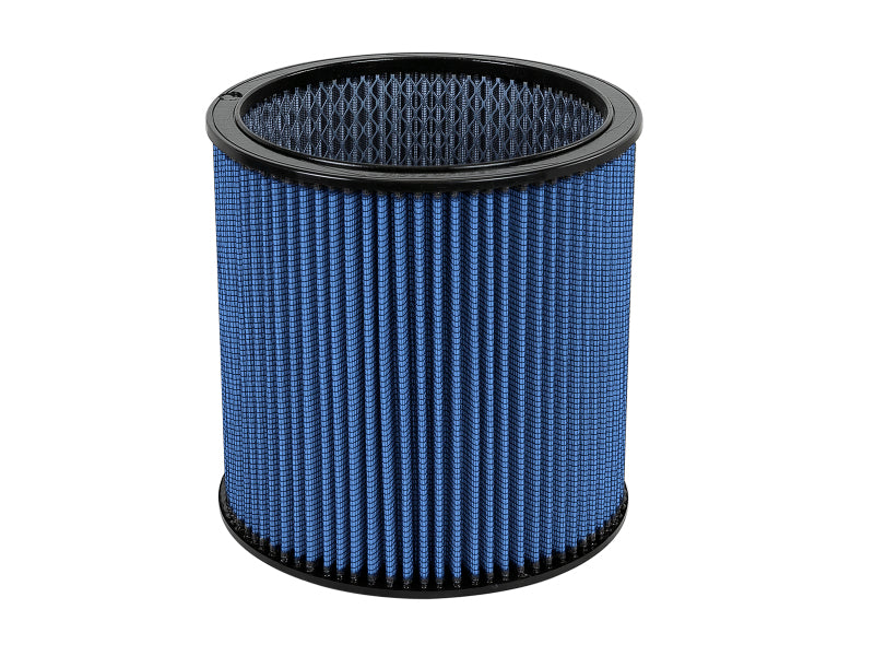 aFe MagnumFLOW round racing air filter with blue pleated design, measuring 9 inches OD, 7.50 inches ID, and 9 inches high.
