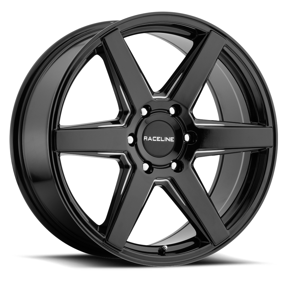 Black Raceline 156B Surge wheel featuring a sleek five-spoke design, perfect for enhancing truck and SUV aesthetics.