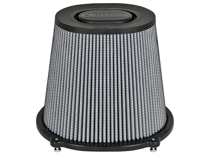 aFe Quantum Intake Pro DRY S Universal Air Filter with a conical design, measuring 5 inches in diameter and 8 inches tall.