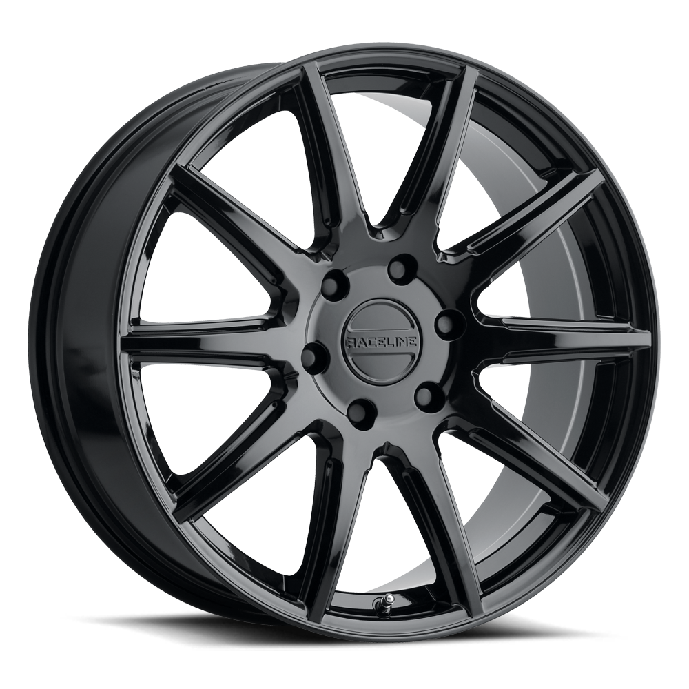 Glossy black 159B Spike wheel with eight sleek spokes, designed for trucks and SUVs, showcasing a modern style.