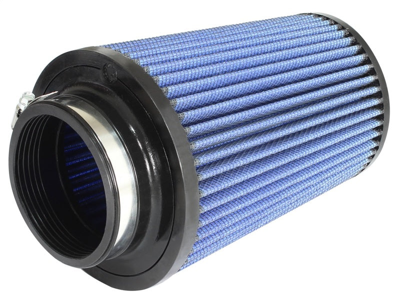 aFe MagnumFLOW Air Filter with a blue mesh design, featuring a cylindrical shape and a black rubber base for enhanced airflow.