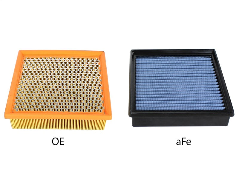 aFe MagnumFLOW Pro 5R filter next to OE replacement filter for 2014 Jeep Grand Cherokee EcoDiesel V6-3.0L.
