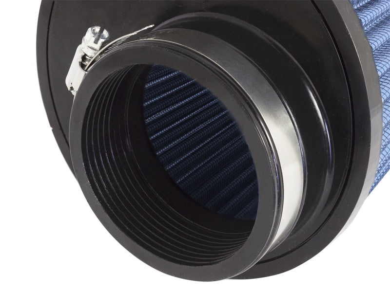 aFe Magnum FLOW Pro 5R universal air filter featuring a blue mesh design and a black rubber base for enhanced airflow.