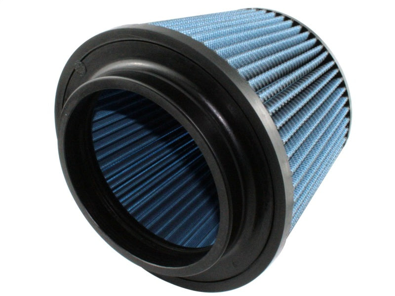 aFe MagnumFLOW Air Filter with a blue pleated design, featuring a durable rubber base for enhanced airflow and filtration.