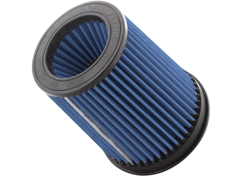 aFe MagnumFLOW Pro 5R air filter with a blue design, featuring a 5-inch front, 7-inch back, and 8-inch height for optimal airflow.
