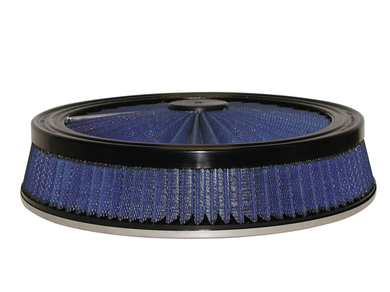 aFe MagnumFLOW Round Racing Air Filter in black and blue, measuring 14 inches in diameter and 3 inches high, designed for high-performance vehicles.