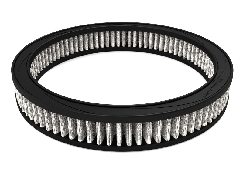 aFe MagnumFLOW Air Filter for Ford Cars 77-82 V8, featuring a round design with a durable black frame and pleated filter media.