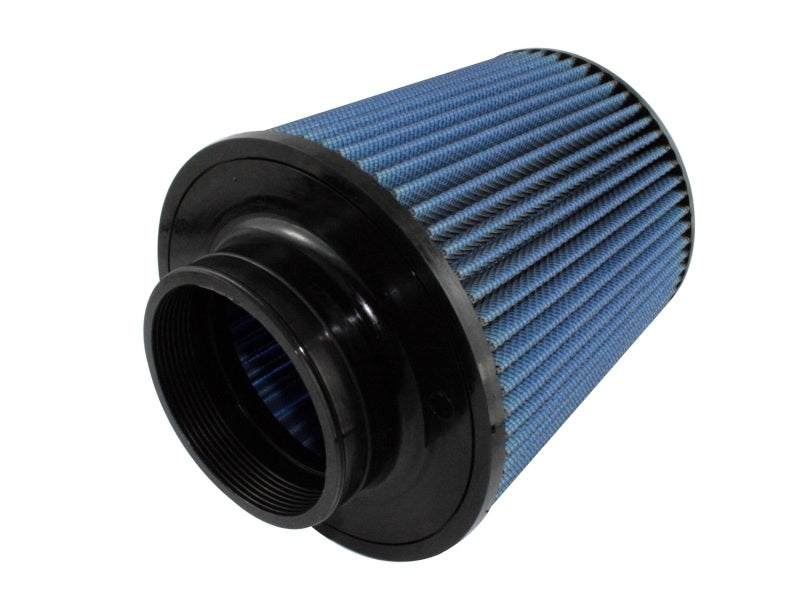 aFe MagnumFLOW Air Filter featuring a blue pleated design, designed for enhanced airflow and engine performance.