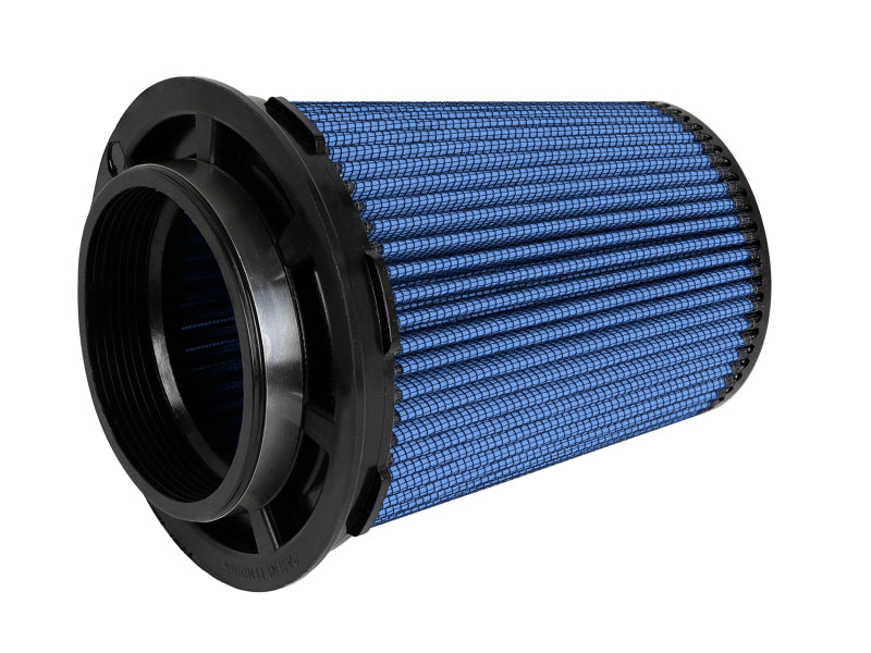 aFe Magnum FLOW Pro 5R universal air filter with a blue pleated design, measuring 4 inches front, 6 inches back, and 7.5 inches high.