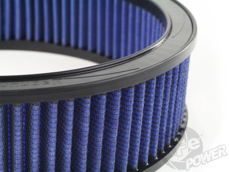 aFe MagnumFLOW round racing air filter with a blue filter media, designed for high performance and optimal airflow.
