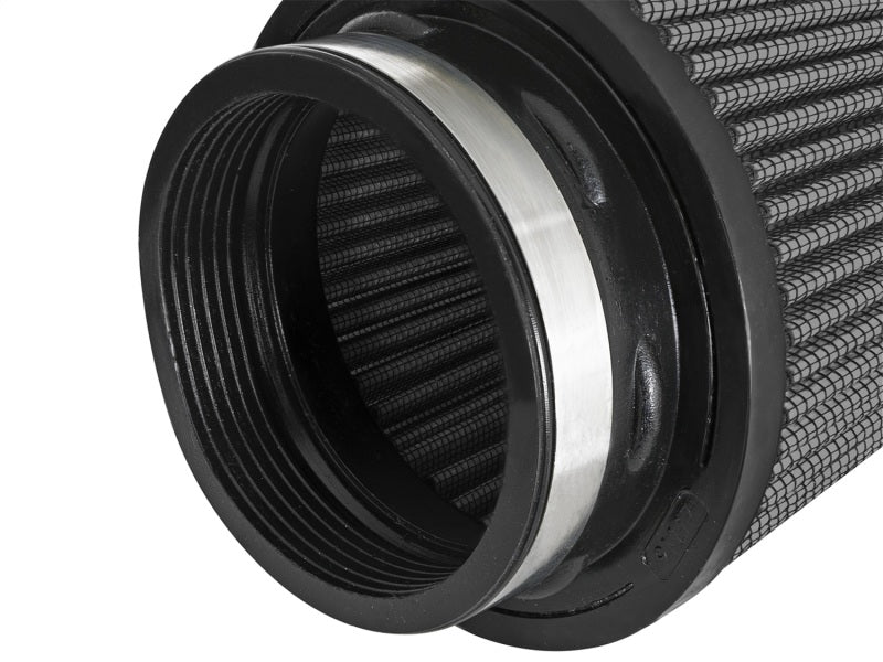 aFe MagnumFLOW air filter showing the clamp-on design with a textured surface and a smooth metal ring for secure attachment.