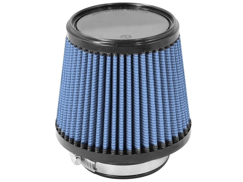 aFe MagnumFLOW Air Filter with a blue pleated design, featuring a metal base and a clear top for enhanced airflow.