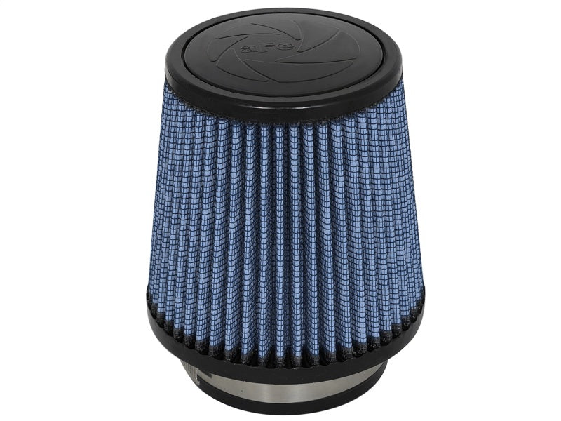 aFe MagnumFLOW Air Filter featuring a conical design with a blue mesh exterior, optimized for enhanced airflow and performance.