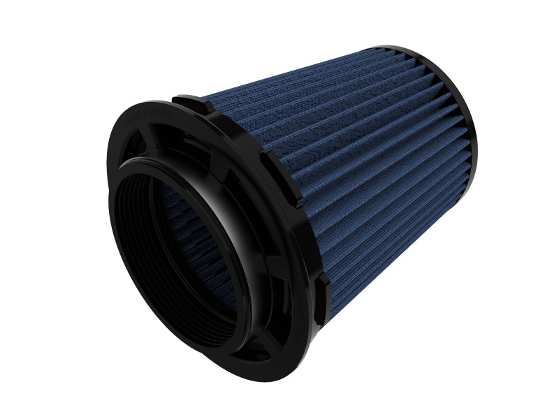 aFe MagnumFLOW Pro-5 R air filter with inverted design, featuring a blue filter element and black housing for enhanced airflow.