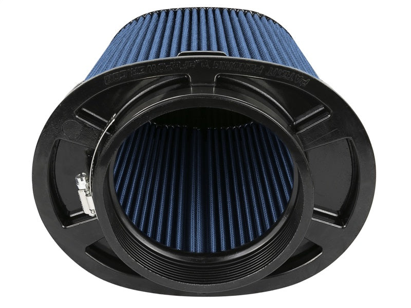 aFe Magnum FLOW Pro 5R universal clamp-on air filter with a blue pleated design, featuring a durable black frame and mounting flange.