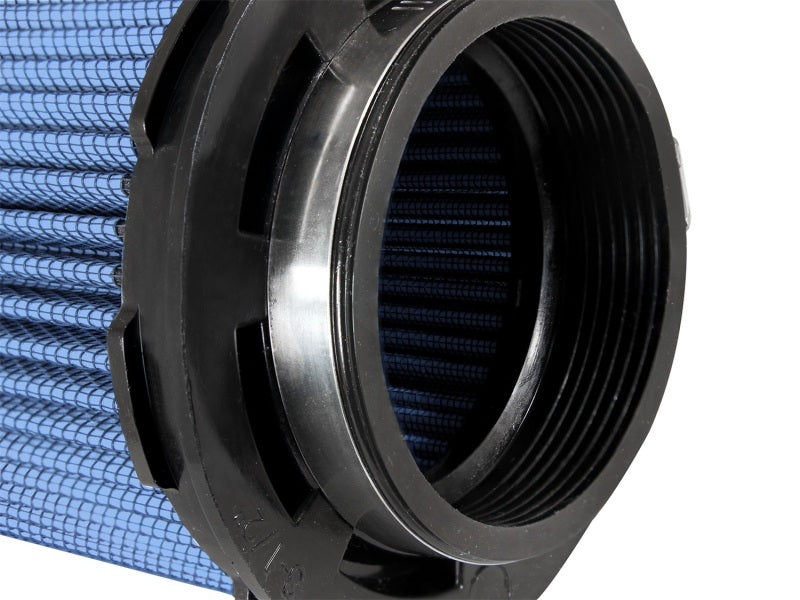 aFe MagnumFLOW Air Filter featuring a blue pleated design and a durable black plastic base, ideal for enhanced engine performance.