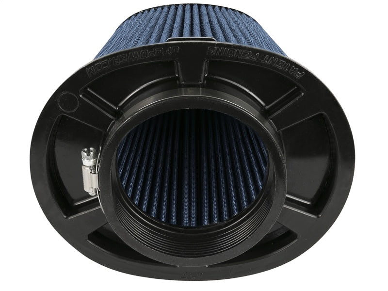 aFe Magnum FLOW Pro 5R clamp-on air filter featuring a blue filter element and durable black housing for enhanced airflow.