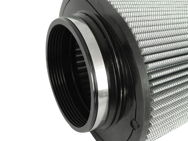 aFe MagnumFLOW ProDry S air filter with a cylindrical design and a metal mesh exterior for enhanced airflow and filtration.