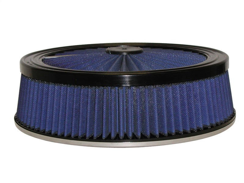 aFe MagnumFLOW round racing air filter in black and blue, measuring 14 inches in diameter and 4 inches high, designed for high performance.