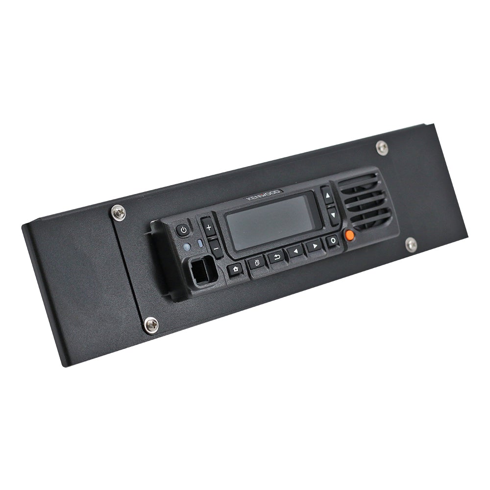 Center console radio mount designed for secure installation of audio equipment in trucks and SUVs, featuring a sleek black finish.