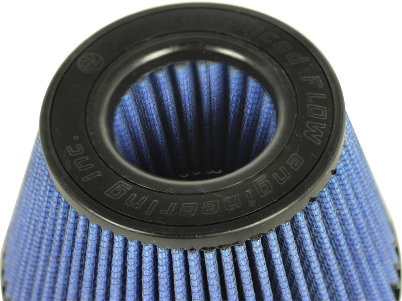aFe MagnumFLOW PRO 5R air filter with blue pleated design, featuring a tapered shape for enhanced airflow and performance.
