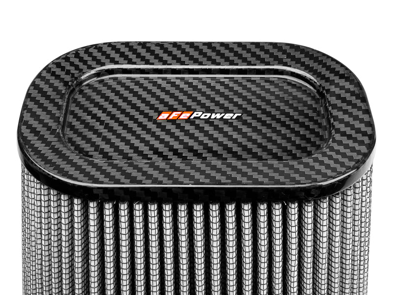 aFe MagnumFLOW Pro Dry S Air Filter with a carbon top, featuring a cylindrical design for enhanced airflow and filtration.