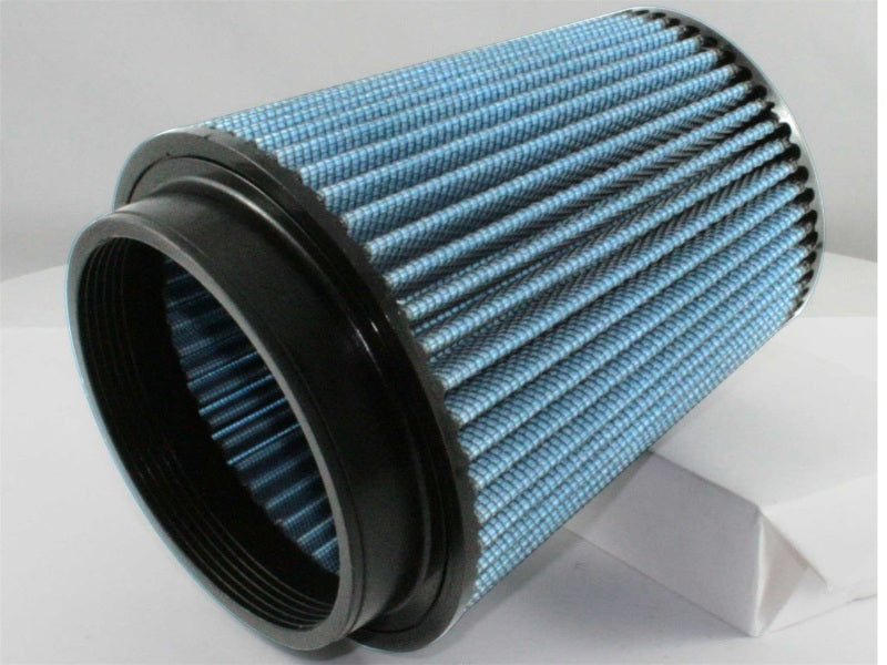 aFe MagnumFLOW Air Filter with a cylindrical design, featuring a blue filter media and black base for enhanced airflow.
