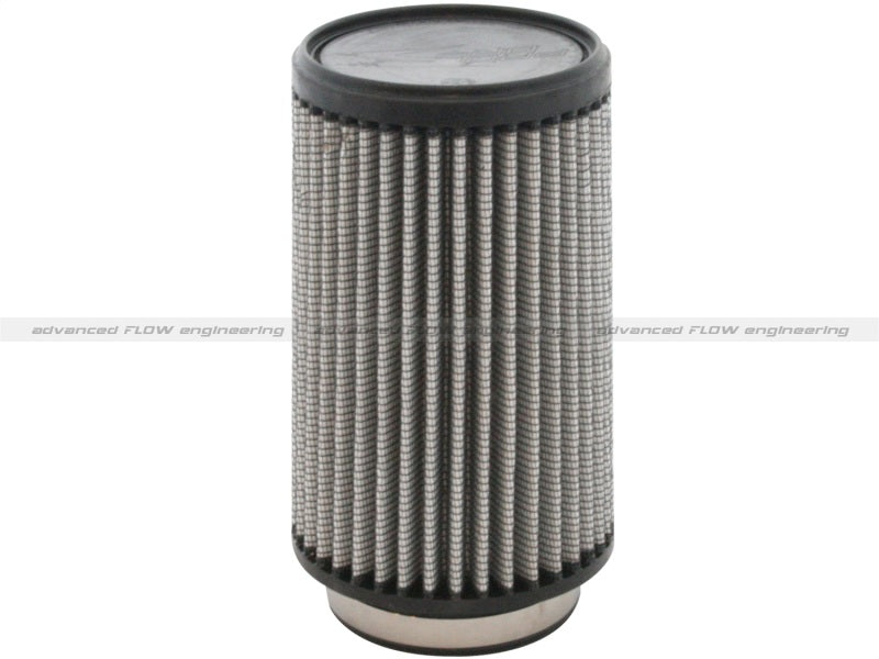 aFe MagnumFORCE Pro Dry S air filter with a cylindrical design, featuring a gray pleated media and a rubber base for enhanced airflow.