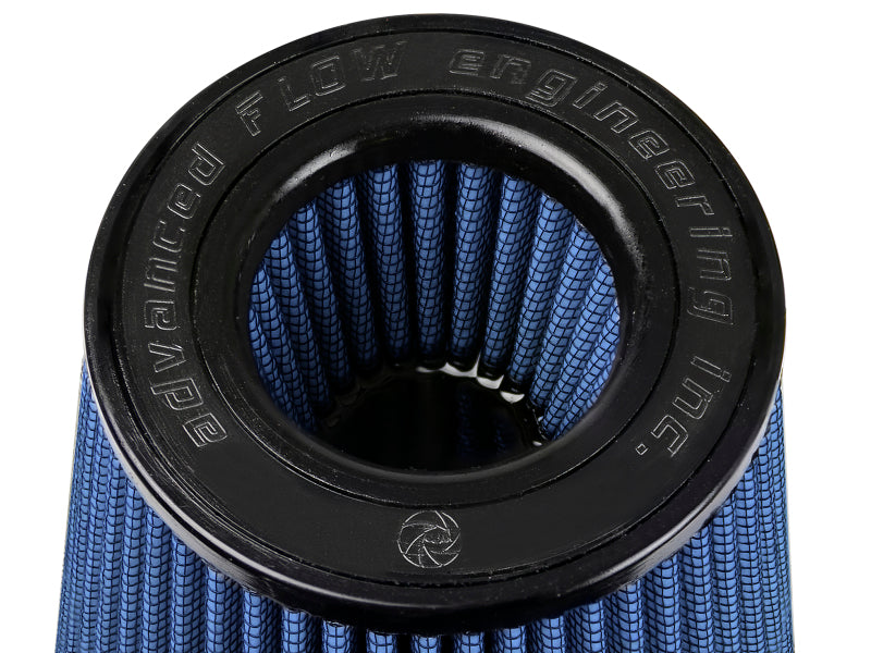 aFe MagnumFLOW Air Filter featuring a blue pleated design and a black rubber top for enhanced airflow and performance.