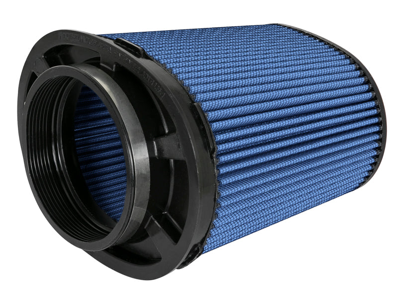 aFe Magnum FLOW Pro 5R replacement air filter with a blue mesh design, featuring a 5-inch inlet and inverted top for enhanced airflow.