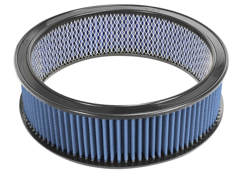 aFe MagnumFLOW Round Racing Air Filter with blue media, 14-inch outer diameter, 12-inch inner diameter, and 4-inch height.